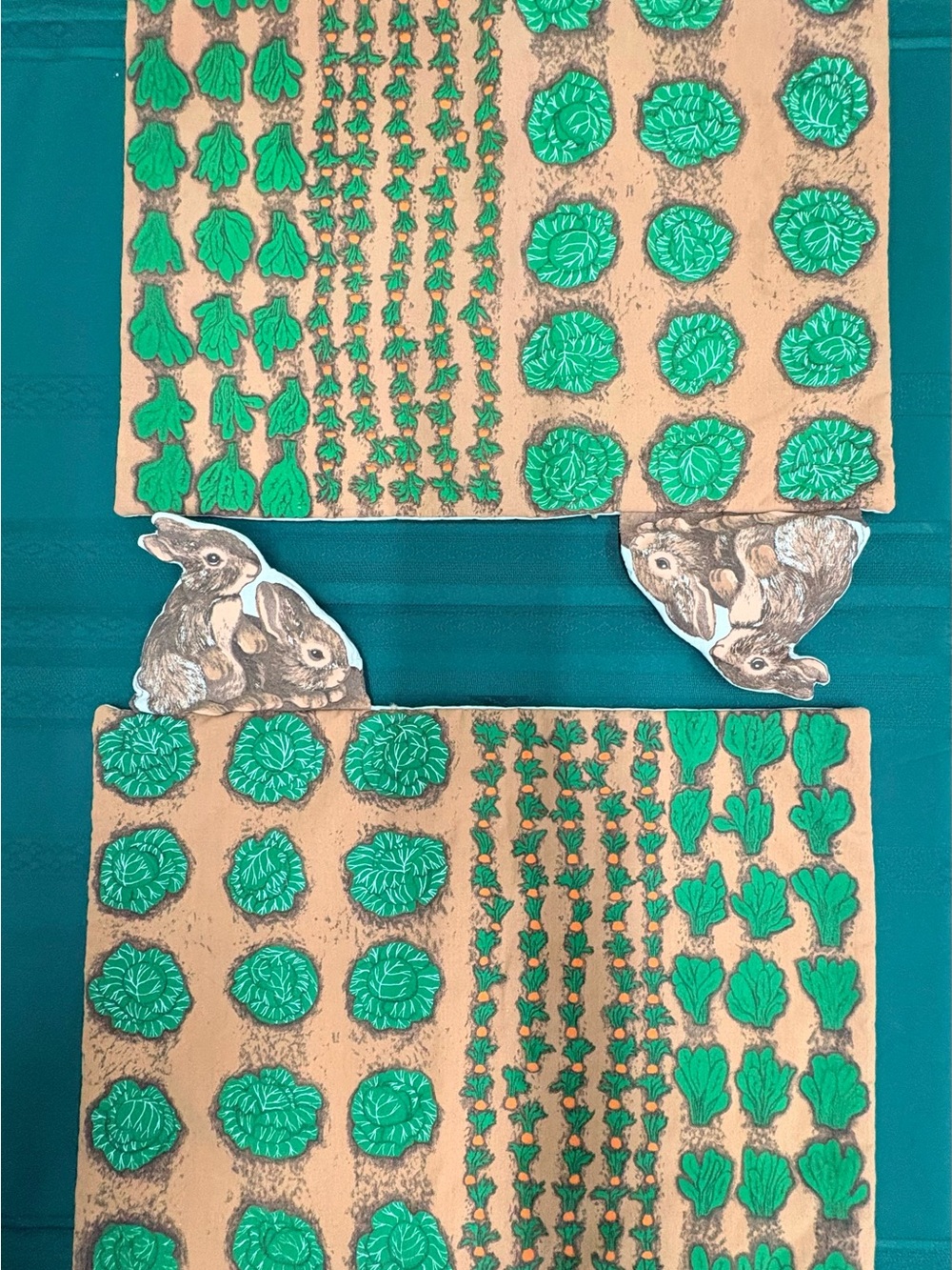 Two Handcrafted Whimsical Garden Patch Bunny Placemats – Fabric by Dustyn Schear